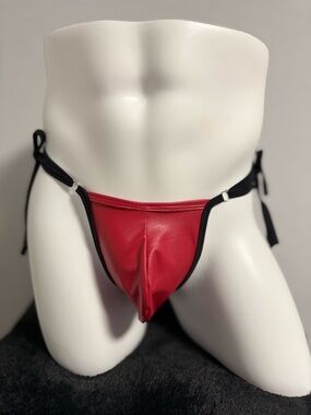 Red Faux Leather Men's String Bikini with Black Trim